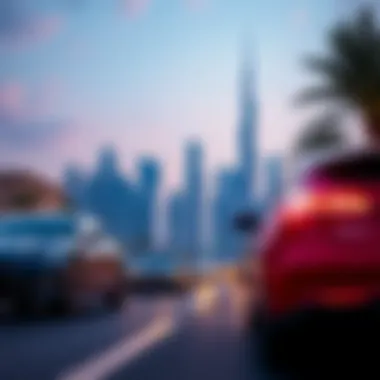 Dubai Skyline with Electric Cars A vibrant shot of the Dubai skyline with electric cars on the road