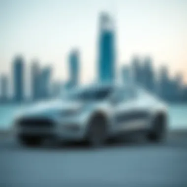 Sleek Electric Car in Dubai Skyline A sleek electric car parked against the skyline of Dubai