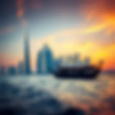 A traditional dhow sailing gracefully across the Dubai skyline at sunset