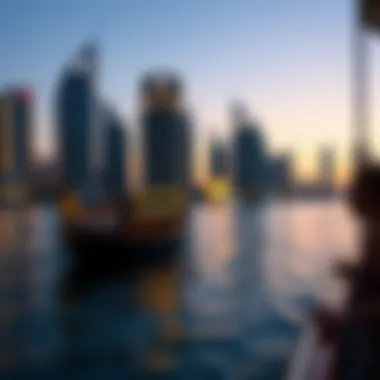 Twilight View of Dubai Marina from a Dhow A scenic view of Dubai Marina from the deck of a dhow during twilight